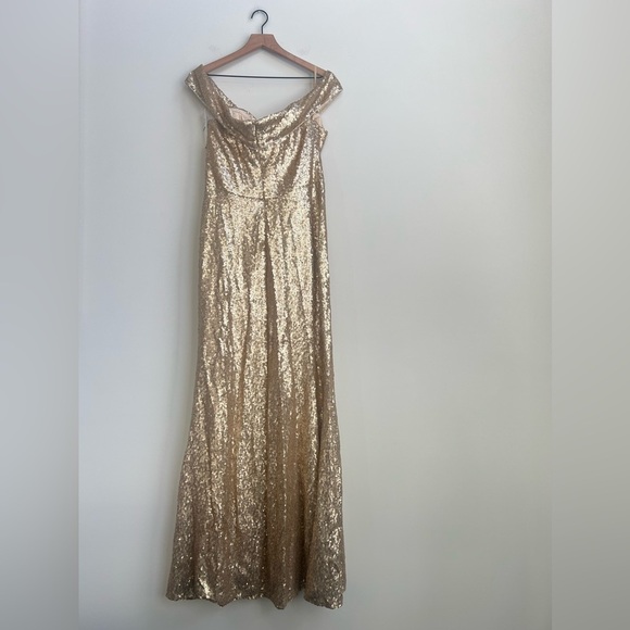 Revelry Bardot Sequin Off Shoulder Gold Gown Maxi Size 18 Bridesmaid NYE Holiday - Picture 13 of 16